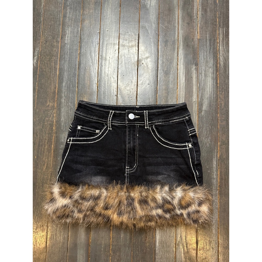 Black Denim Leopard Faux Fur Trim Mini Skort Contrast Stitch Y2K Streetwear